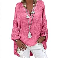 Cotton Linen Tops for Women Plus Size Casual Long Sleeve Solid V-Neck Shirt Blouse Vintage Trendy Loose Fit Tunic Tees