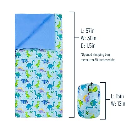 Wildkin Kids Sleeping Bags for Boys and Girls, Measures 57 x 30 x 1.5 Inches, Cotton Blend Materials Sleeping Bag for Kids, Ideal Size for Parties, Camping & Overnight Travel (Dinosaur Land)