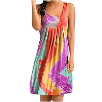 Women's Bohemian Print Flowy Sleeveless Knee Length Beach Round Neck Glamorous Dress Swing Casual Loose-Fitting Summer