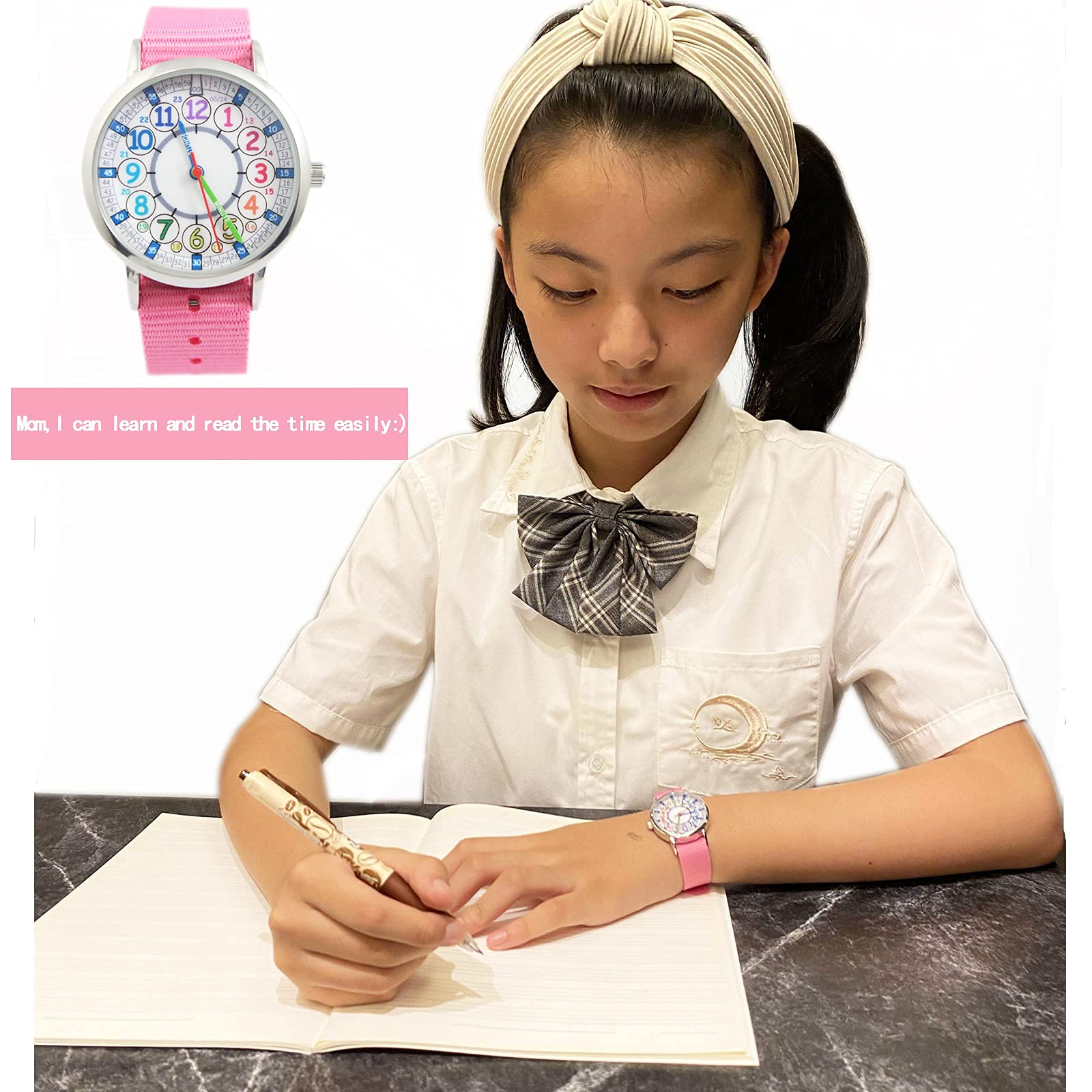 Bigbangbang Kids Analog Watch， Learning Time Watch, First Watch Soft Cloth Strap,Read time Study Time Todder Watch,Kindergarten Learn Time Watches,Pink Girl Watch， Girls Ages 7-10…