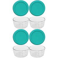Pyrex (4 7202 1-Cup Glass Bowls and (4) 7202-PC 1-Cup Turquoise Lids Made in the USA
