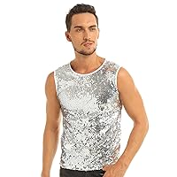 FEESHOW Men's Sequins Slim Fitted Sleeveless Tank Top 70s Disco Party Clubwear