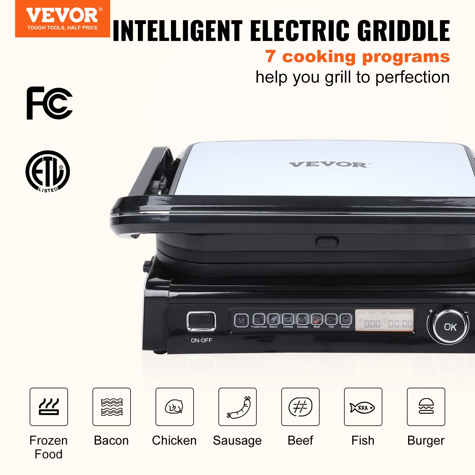 VEVOR 7 IN 1 Electric Contact Grill,1800W Indoor Panini Press Griddle,Stainless Steel Teppanyaki Grill with Nonstick&Removable Iron Plate, 0-446℉ Adjustable Temp Control,LCD Display,110V