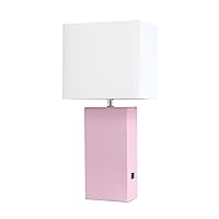 Elegant Designs LT1053-BPK Modern Leather USB and White Fabric Shade Table Lamp, Blush Pink