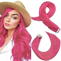 Moresoo Pink Tape in Human Hair Extensions Hot Pink Hair Extensions Tape in Real Hair PU Skin Weft Hair Extensions Tape in Real Human Hair Remy Straight Tape ins 24 Inch 10pcs 25g