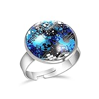 Watercolor Ink Blue Black White Football Adjustable Rings for Women Girls, Stainless Steel Open Finger Rings Jewelry Gifts