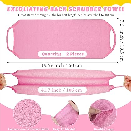 Exfoliating Back Scrubber with Handles Set of 8 Exfoliating Shower Bath Gloves Back Scrubber Set 4 Bath Gloves for Women Men Children Skin, Stretchable Pull Strap Washcloth (Candy Color)