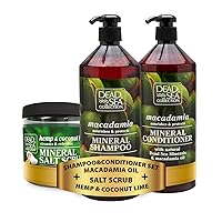 Dead Sea Collection,BUNDLE Shampoo and Conditioner Set with Macadamia Oil Pack of 2 (67.6 fl. oz) - And Salt Body Scrub - Large 23.28 OZ - with Hemp & Coconut Lime