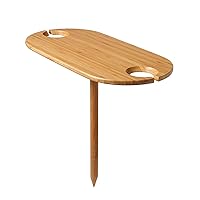Tovolo Bamboo, Holds 2 Collapsible Ground Stake, Wood Table & Wine Glass Holder for Outdoor Entertaining, 1 EA, brown