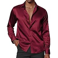 PJ PAUL JONES Men's Shiny Satin Dress Shirts Long Sleeve Button Down Silk Shirt with Bow Tie