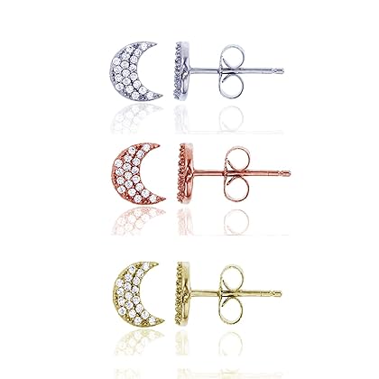 Sterling Silver Tricolor Micropave Crescent Moon Stud Earring Set