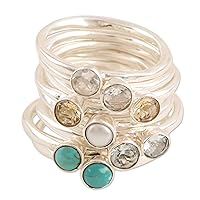 NOVICA Artisan Handmade Gemstone Stacking Rings Blue Topaz Cultured Freshwater Pearl .925 Sterling Silver Multigem Reconstituted Turquoise Citrine Cubic Zirconia ' Heart's Content' (set of 9)