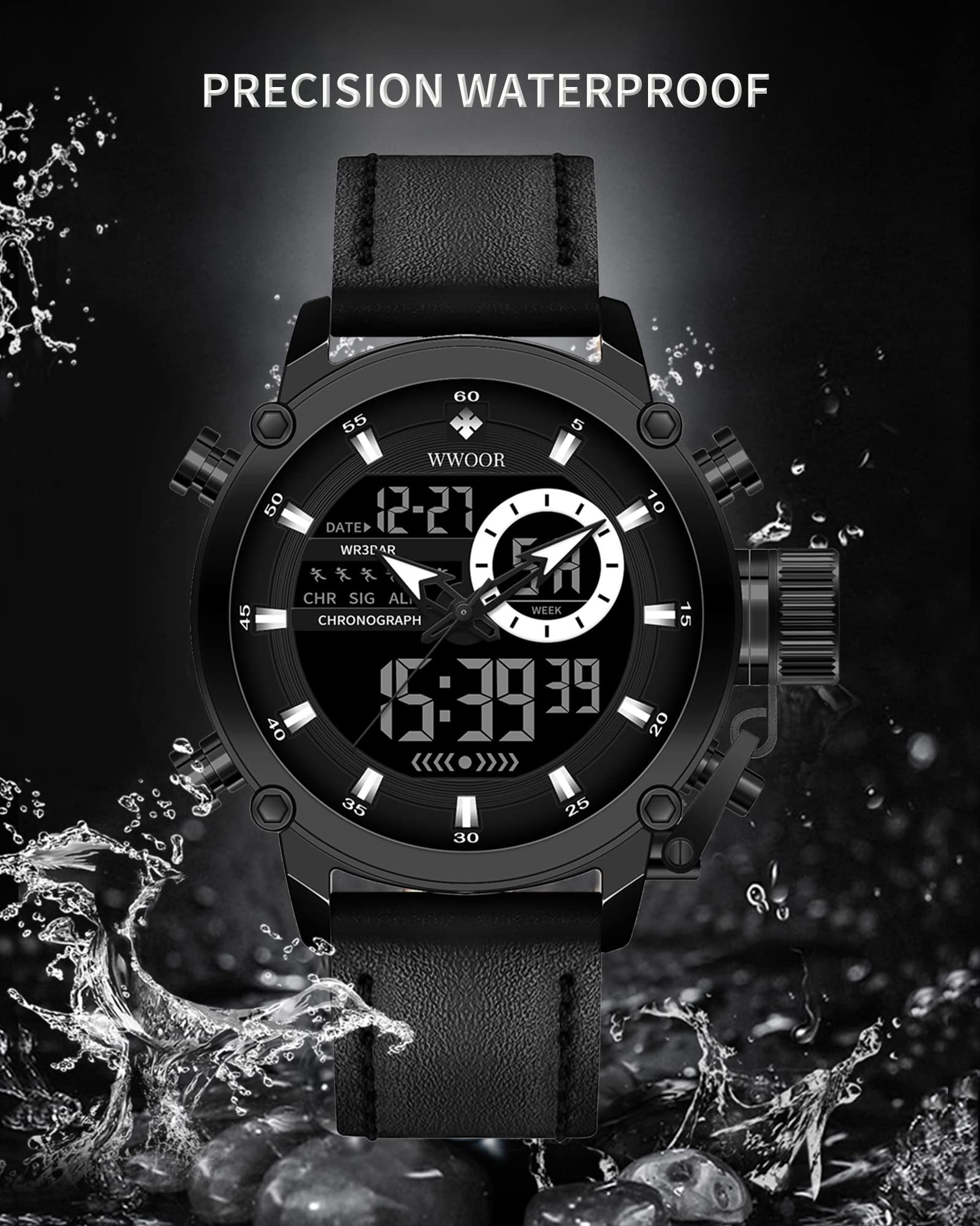 WWOOR Men's Watches Sports Outdoor Waterproof Military Watch Date Multi Function Tactics LED Watch for Men，Alarm Stopwatch