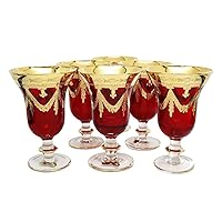 Italy Set of 6 Crystal Glasses, 24K Gold-Plated (Wine Goblets, Red)