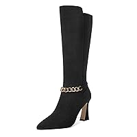 Womens Metal Chain Cold Weather Solid Pointed Toe Wedding Suede Zip Ankle Strap Block High Heel Knee High Boots 3.3 Inch