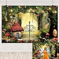Enchanted Forest Backdrop Fairy Tale Magic Jungle Mushroom House Wonderland Iron Gate Photography Background Girls Princess Birthday Party Banner Photoshoot Prop 10x7ft