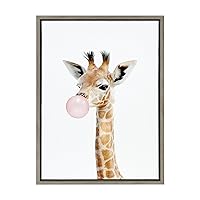 Sylvie Bubble Gum Giraffe Framed Canvas Wall Art By Amy Peterson Art Studio, 18x24 Gray, Decorative Zoo Animal Art for Wall