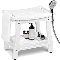 Y&M 2-Tier Bathroom Bench Shower with Waterproof Storage Shelf, HDPE Towel & Shower Head Shelves Curved Seat, Small Tub Chair for Shaving Legs Foot Stool, Bath, Spa, Indoor or Outdoor Use, White