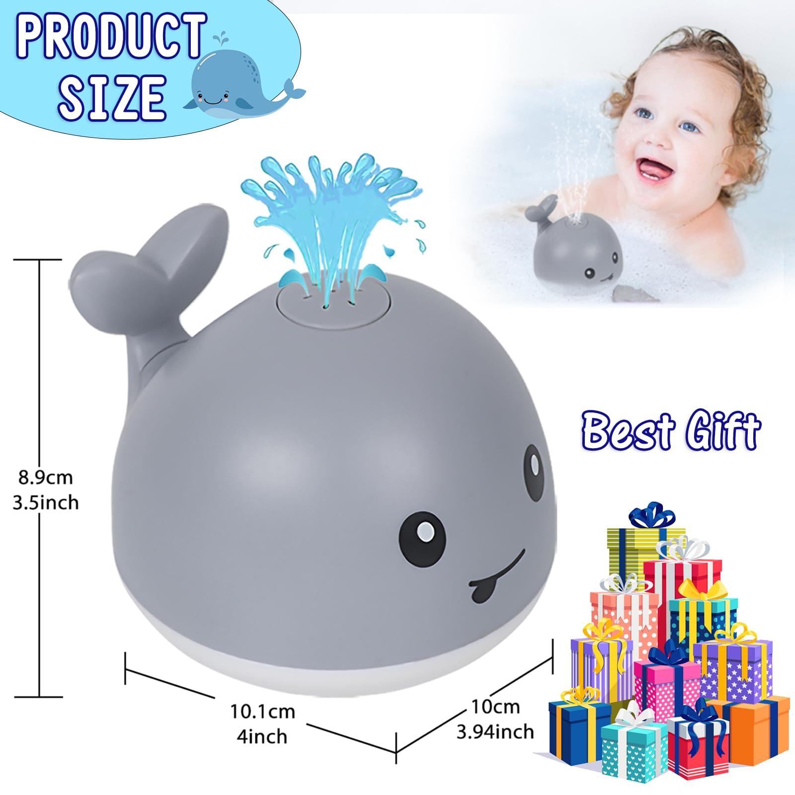AOLIGE Baby Light Up Bath Toys for Kids （2pcs） Whale Bath Toy Sprinkler Induction Sprinkler Bathtub Toys (2PCS White & Grey Whale)