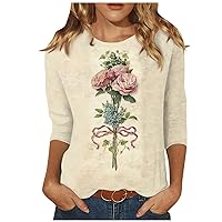 Womens Graphic Tees, Womens Blouses Womens Fashion Womens Tops Three Quarter Sleeve 2024 Crewneck Shirt Loose Blouse Ladies Print Breathable Tunic Trendy Cute Tee Tie Front Tops (Beige,Small)