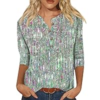 Glitter Tops,Trendy Sparkle Printed Notch Neck Henley 3/4 Sleeve Shirts for Women Spring Casual Womens Casual Tops