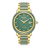 Diella Automatic Men's Watches, Luxury Black Jade and Gold Men's Mechanical Watches, Stainless Steel Waterproof Bracelet Watches for Men, Green Jade and Gold