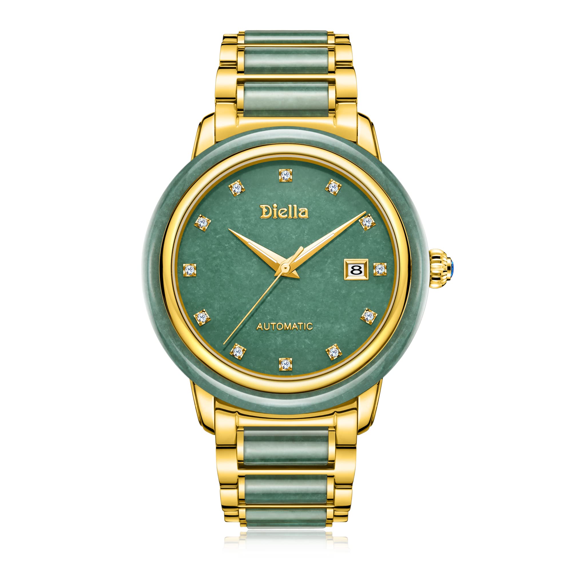 Diella Automatik Herren Uhren, Luxus Grün Jade und Gold Männer Mechanische Uhren, Edelstahl Wasserdicht Armband Uhren für Herren