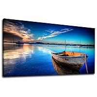 Large Canvas Wall Art Boat Blue Lake Clear Water Sunset Picture Modern Nature Canvas Artwork Landscape Contemporary Canvas Art for Home Decorations Office Wall Decor 24
