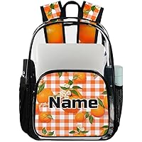 Orange Plaid Tangerine Print Personalized Clear Backpack Custom Large Clear Backpack Heavy Duty PVC Transparent Backpack with Reinforced Strap for Work Travel