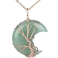 Bivei Tree of Life Crescent Moon Necklace Copper Wire Wrap Natural Gemstones Pendant Crystals and Healing Stones Necklace