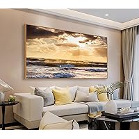 Framed Sunset Ocean Wall Art - Ocean Waves Canvas Wall Decor Glow Sea Scene Picture Nature Landscape Prints Sunset Over the Ocean Painting Artwork Living Room Bedroom Office Home 24