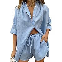 Women's 2 Piece Casual Tracksuit Outfit Set Half Sleeve Shirt and High Waisted Shorts Set