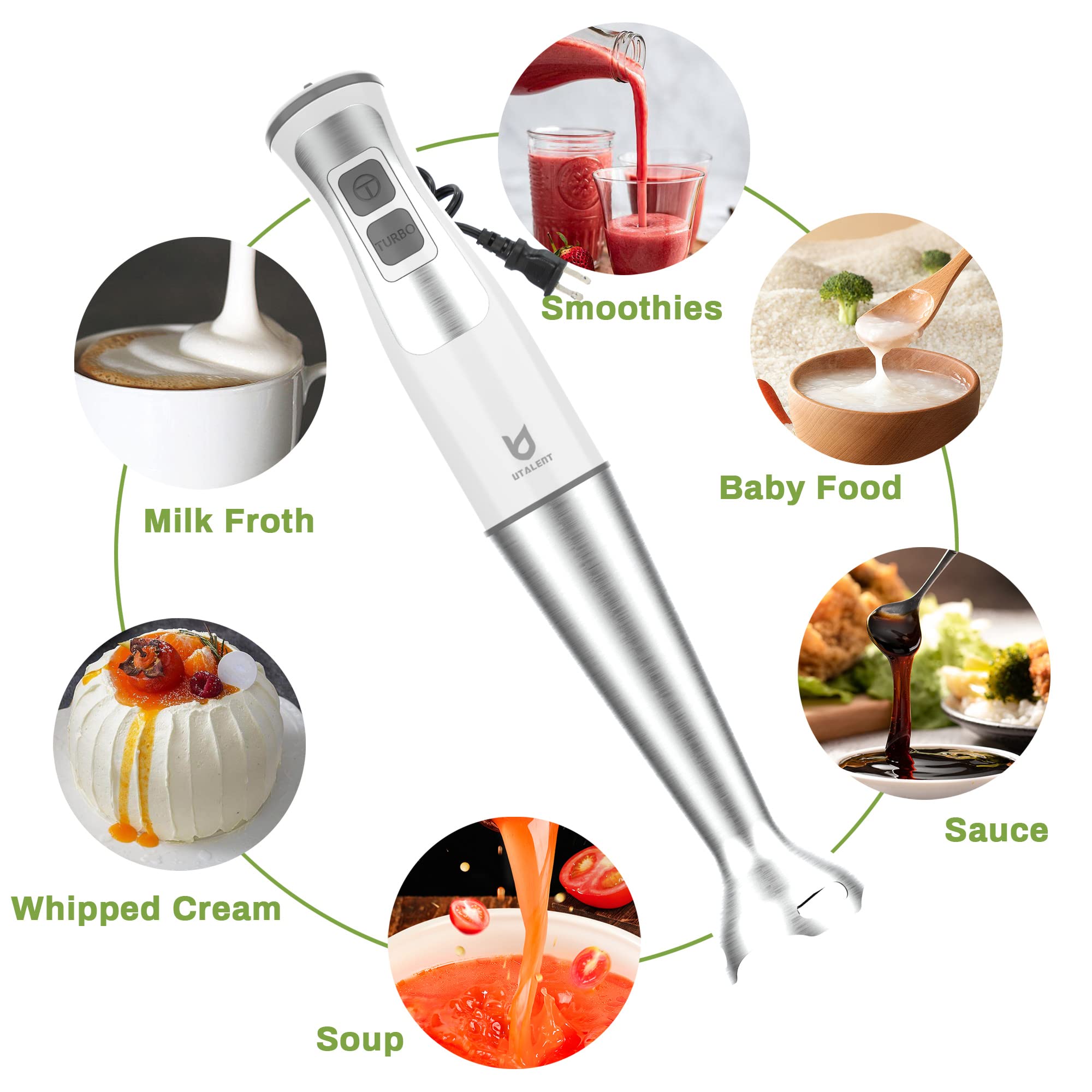 Immersion Hand Blender, UTALENT 3-in-1 8-Speed Stick Blender with Milk Frother, Egg Whisk for Smoothies, Coffee Milk Foam, Puree Baby Food, Sauces and Soups - White
