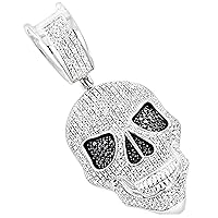 2.25 CT Round Cut White & Black Diamond Iced Out Skull Pendant 14K White Gold Plated 925 Sterling Silver