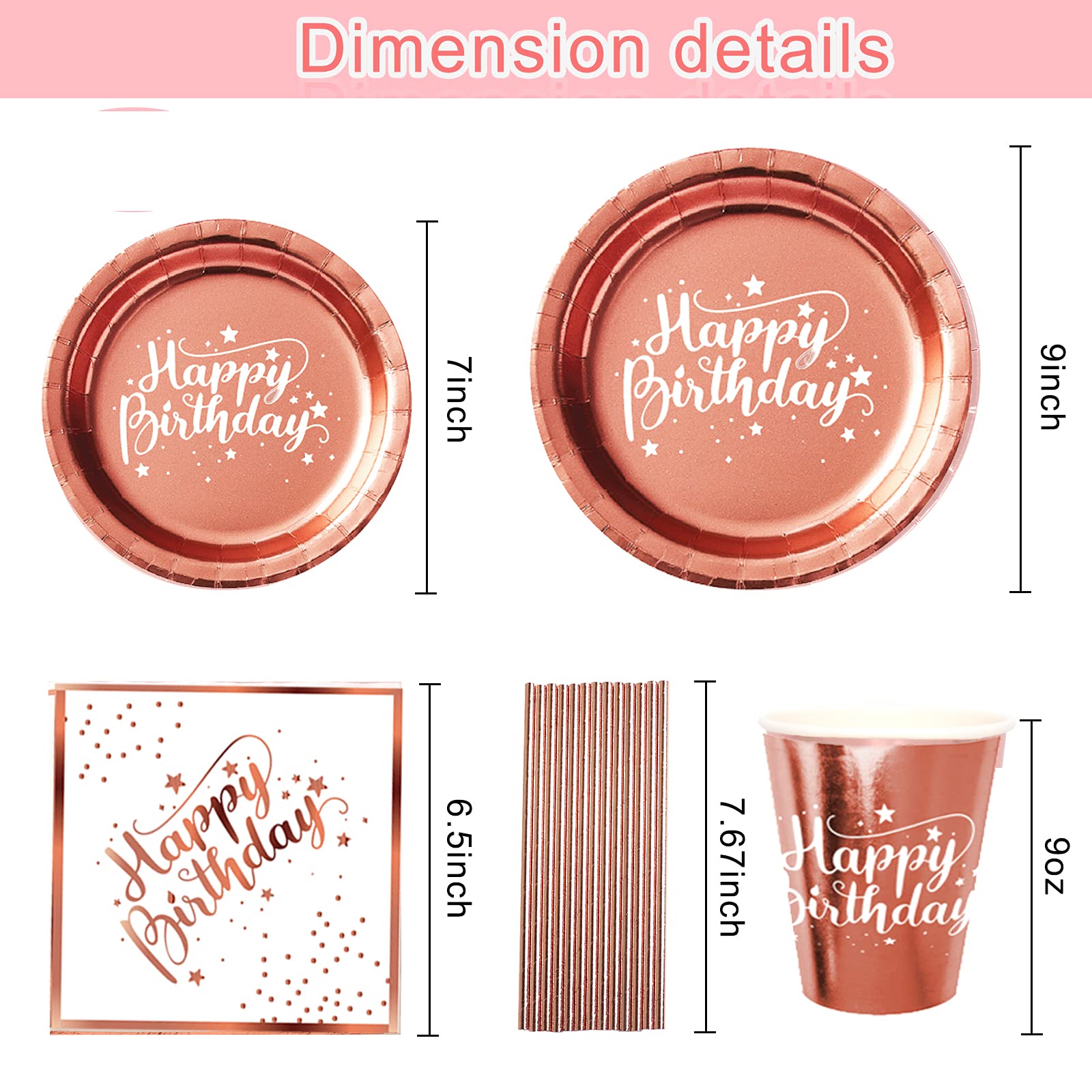 Rose Gold Birthday Party Decorations, Rose Gold Party Decorations Set for Girls Or Women, Happy Birthday Banner, Curtains, Table Runner, Balloons, Plates, Cups, Tissue for 24 Guest by JSN PARTY