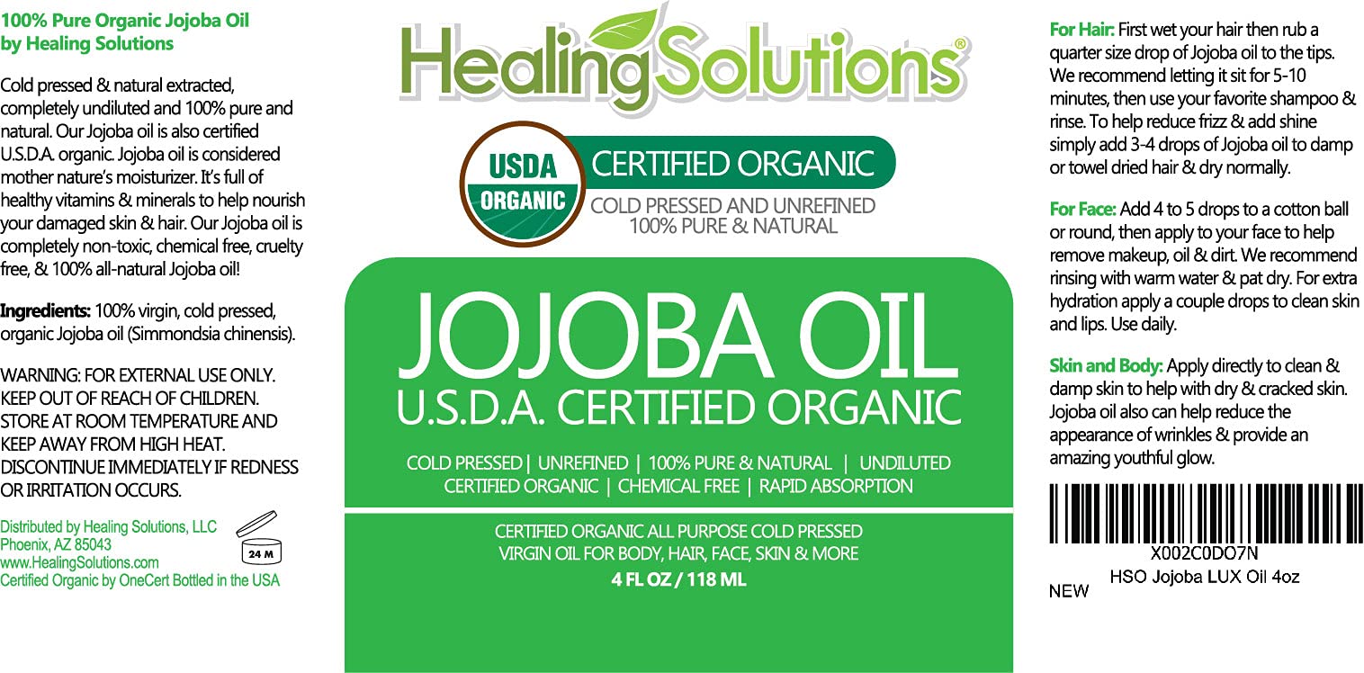 Healing Solutions Cold Pressed Jojoba Oil - Organic, Unrefined for Skin, Hair, Face & Cuticle Moisturizer, Acne Fighter - 4 fl oz