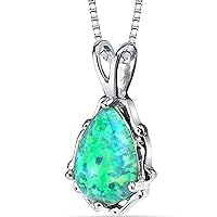 PEORA Sterling Silver Created Powder Green Opal Vintage Teardrop Solitaire Pendant Necklace for Women, 1 Carat Pear Shape 10x7mm with 18 inch Chain