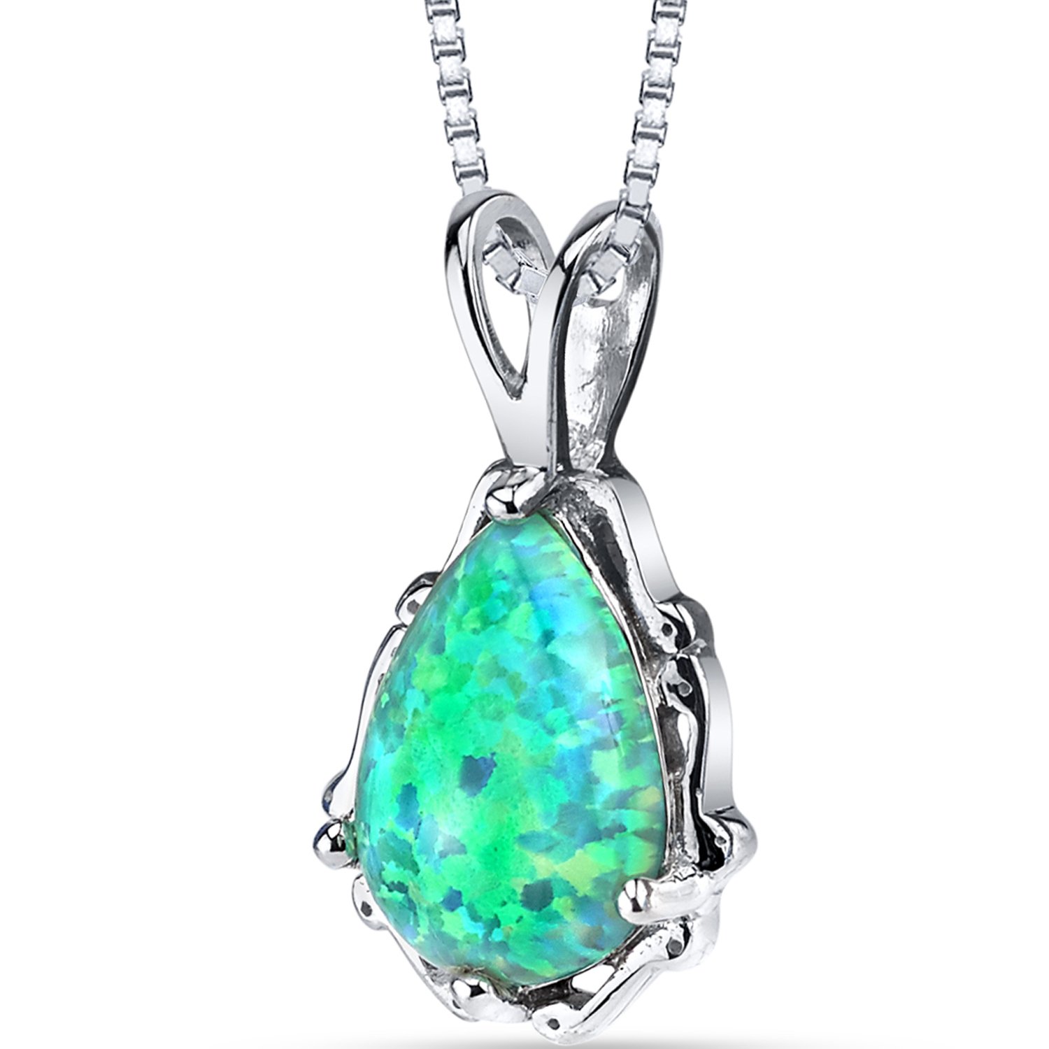 Peora Created Powder Green Opal Vintage Teardrop Solitaire Pendant Necklace for Women 925 Sterling Silver, 1 Carat Pear Shape 10x7mm with 18 inch Chain