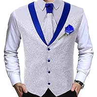 Groomman White Royal Blue Rim Floral Suit Vest Mens Slim Fit V-Neck Waistcoat for Tuxedo Party Wedding Banquet (Color : Onecolor, Size : X-Large)