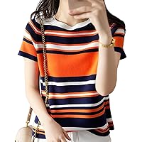 MARIA MARFA 4S-M09 Women's Striped Knit Short Sleeve Pullover Spring Summer Clean Casual Tops