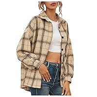 Anjikang Womens Flannel Fall Fashion Shacket 2023 Trendy Plaid Long Sleeve Button Down Shirt Casual Lapel Jacket Coat Clothes