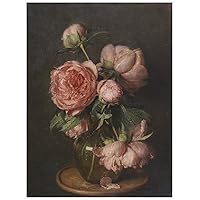 Vintage Peony Flowers Wall Art Dark Academia Botanical Flower Canvas Wall Art Antique Aesthetic Oil Painting on Canvas Dark Cottagecore Farmhouse Painting 16x24in Unframed