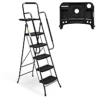 SocTone 5 Step Ladder with Handrails, Folding Step Stool with Tool Platform, Sturdy& Portable Steel Ladder for Adults, 330LBS Capacity Ladder for Home Kitchen Library Office, Black
