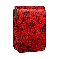 Red Love Rose Flower Pattern Lipstick Case with Mirror for Purse Portable Case Holder Organization
