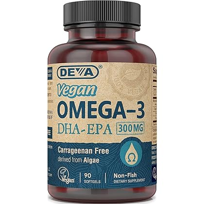 DEVA Vegan Omega-3 DHA EPA Supplement Once-Per-Day Softgel 300 MG - Carrageenan Gelatin & Gluten Free - Non-Fish Algae Oil Fatty Acids - 90 Softgels