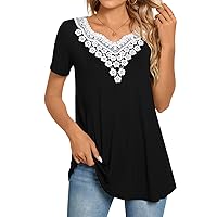 CATHY Women Summer Tunic Tops Short Sleeve T-Shirt V-Neck Crochet Lace Blouses Casual Pleated Pullover