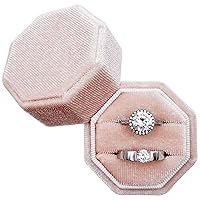 Velvet Ring Box - Octagon Premium Vintage Wedding Ring Holder Handmade Double Ring Bearer Jewelry Display Organizer for Proposal, Engagement, Ceremony, Christmas, Photography (Light Pink)