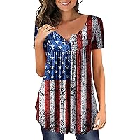 Women's 4Th of July Shirt Casual Fashion Plus Size Independence Day Printed Short Sleeve Button Pullover Top, S-5XL
