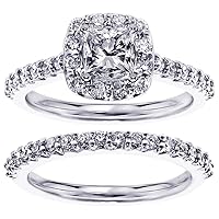 1.65 CT TW GIA Certified Halo Princess Cut Diamond Engagement Bridal Set in 18k White Gold