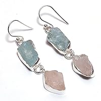 925 Sterling Silver Drop Earrings, Natural Raw Aquamarine Rose Quartz Gemstone Women Gift Jewelry RSE1003